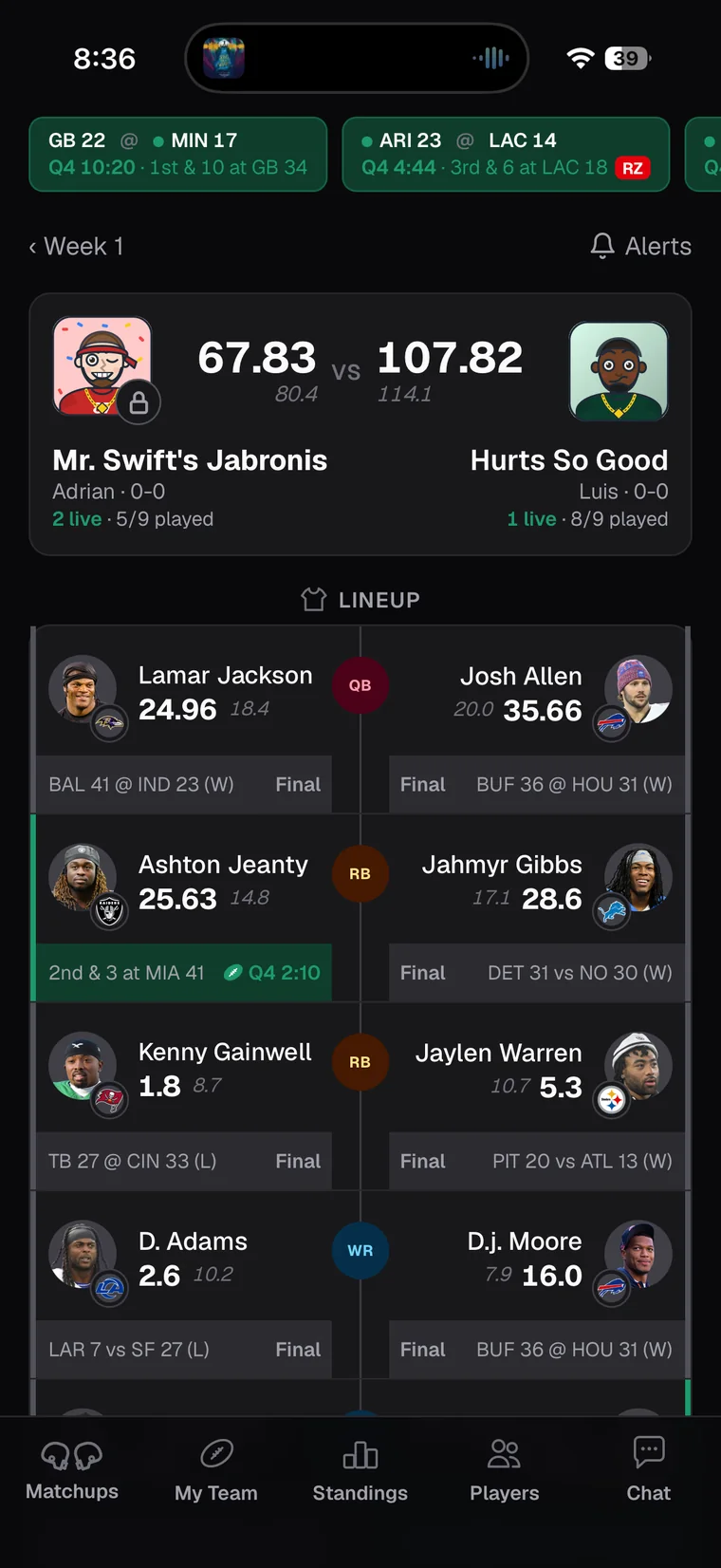 A live matchup in eDraft: scoreboard ticker with down and distance, two teams' scores and projections, and each starter's live game strip