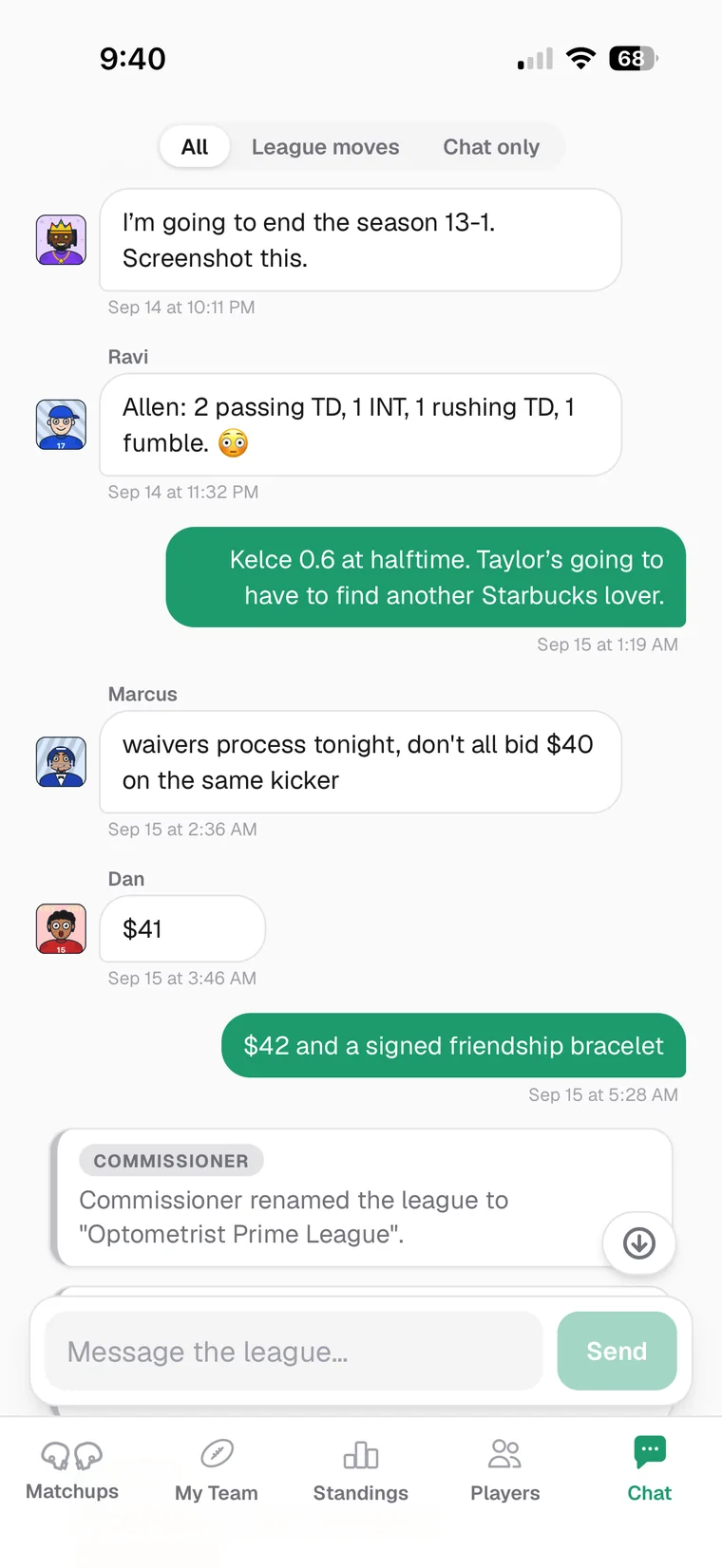League chat: managers trash-talking over a waiver bid, with a commissioner change posted inline