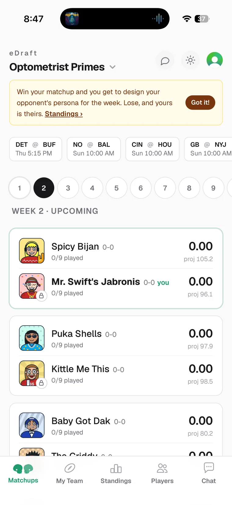 The Matchups tab: the week's NFL scoreboard, week picker, and every matchup in the league with personas, records and projections