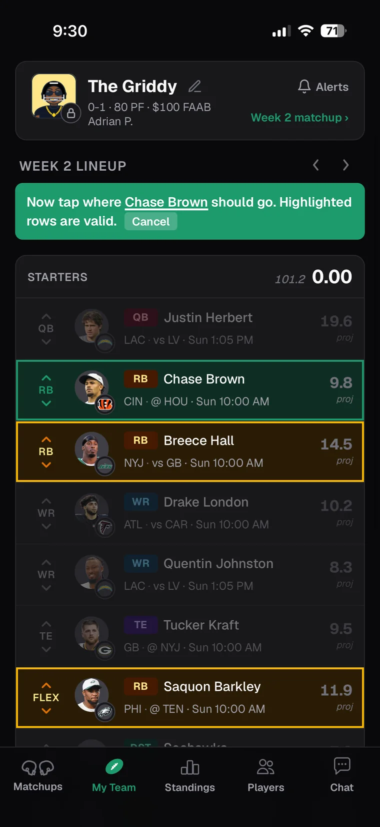 The same My Team screen in dark mode