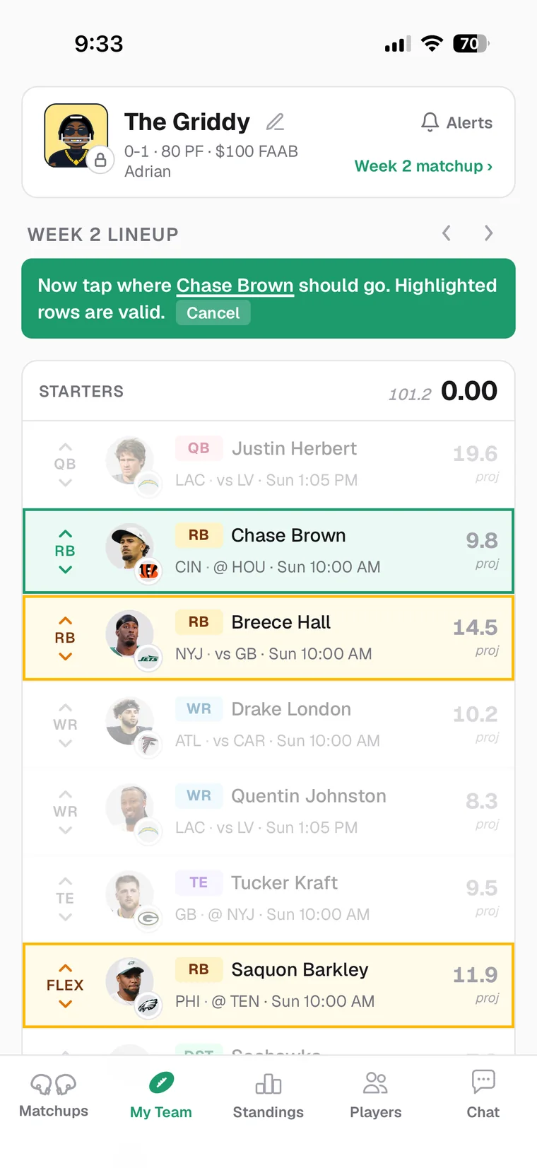 The My Team tab in light mode, mid-move: Chase Brown selected and the valid lineup slots highlighted