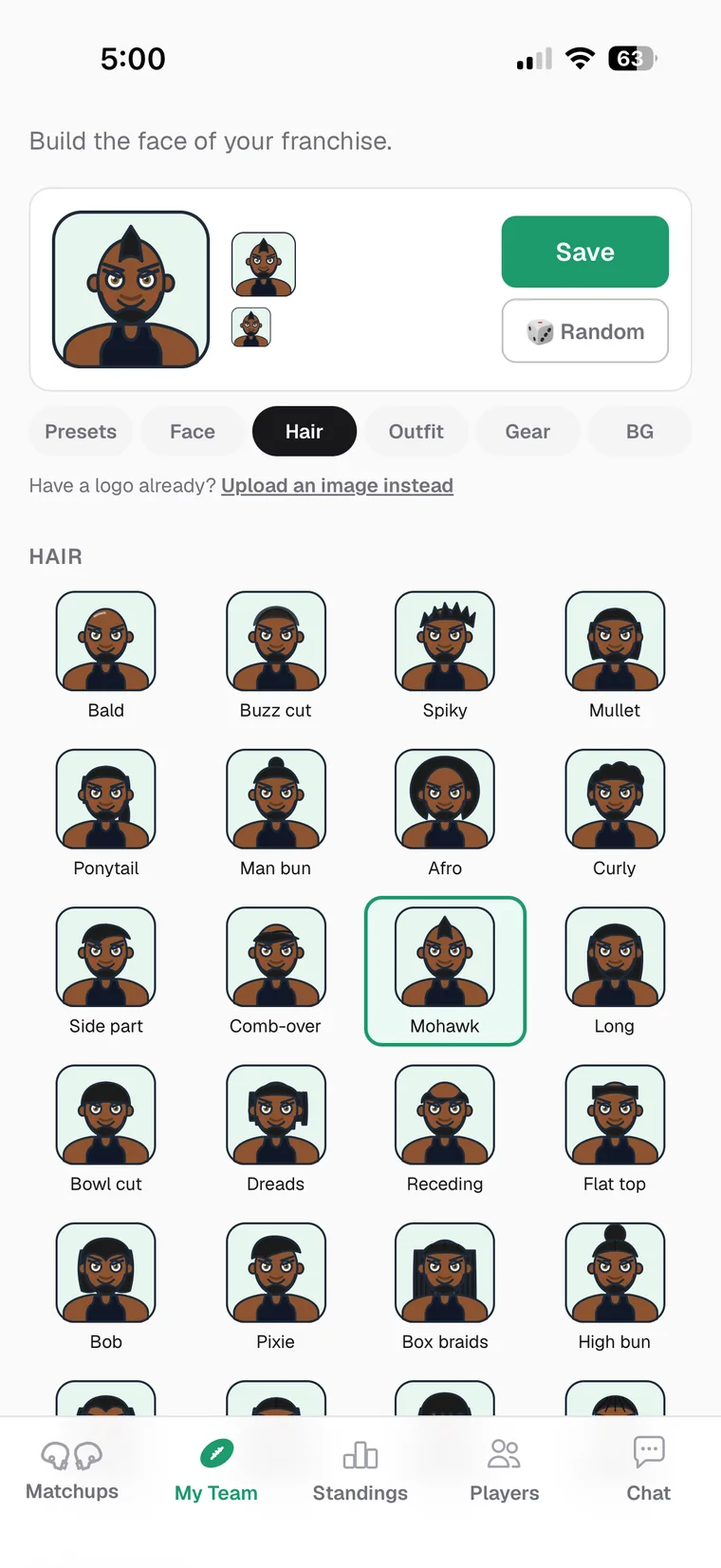 The persona designer: a Mr. T style character being built, with the hair tab open and two dozen styles to pick from