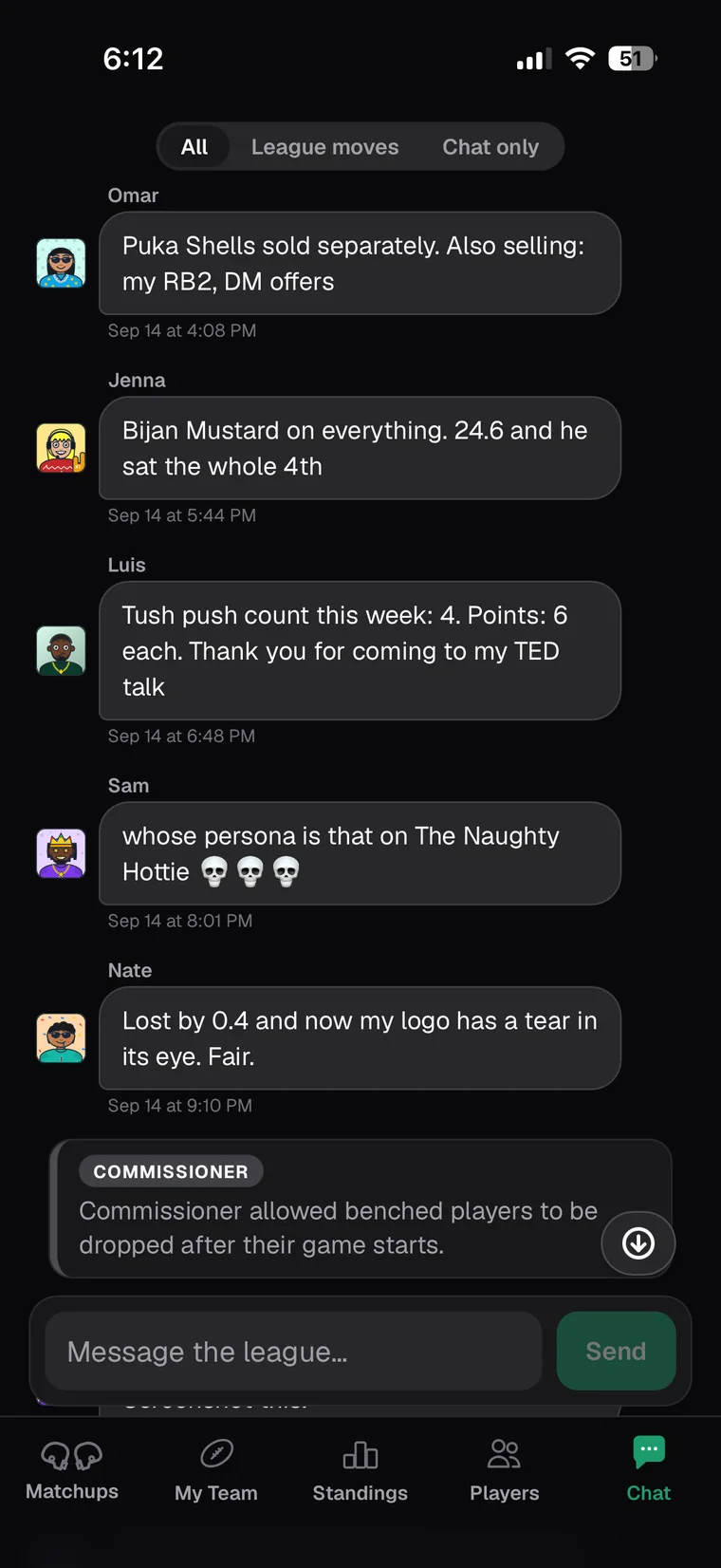 League chat in dark mode: managers trading jokes about their lineups and personas, with a commissioner change posted inline