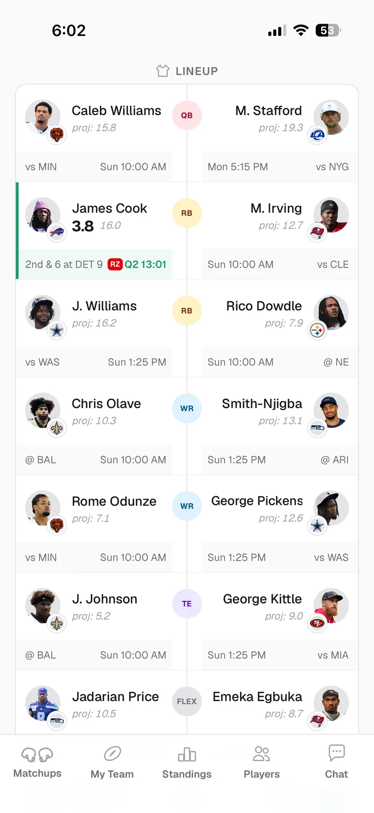A live matchup during Thursday night: James Cook in the red zone with 2nd and 6 at the DET 9, every other starter showing kickoff time and projection