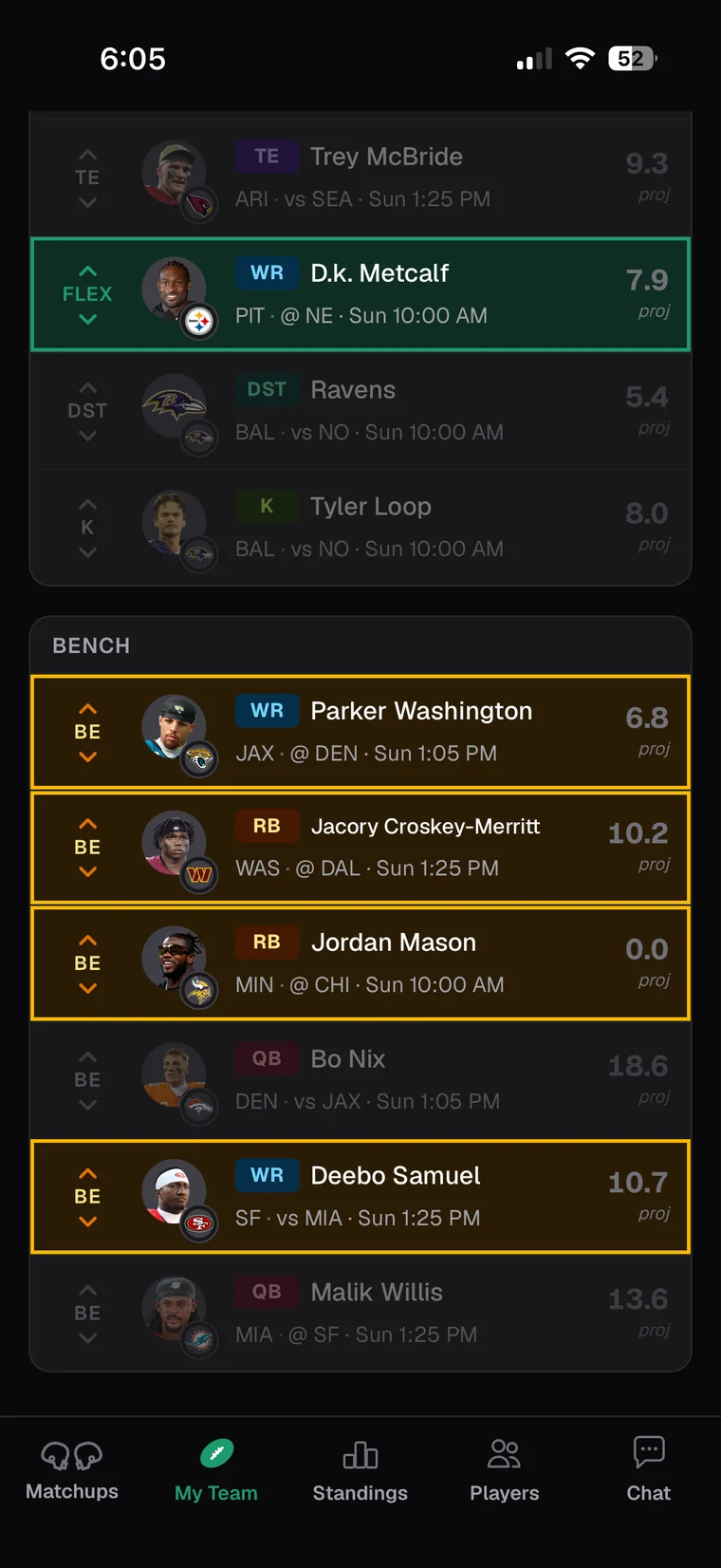 My Team in dark mode mid-move: the FLEX slot selected and the bench players who could fill it highlighted